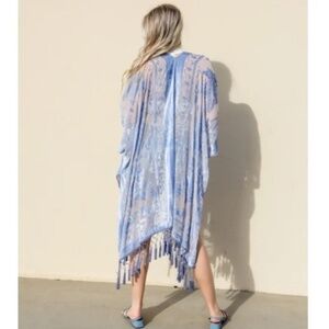 Periwinkle Floral Velvet Burnout Tassel Kimono Open Wrap Coverup Top One Size